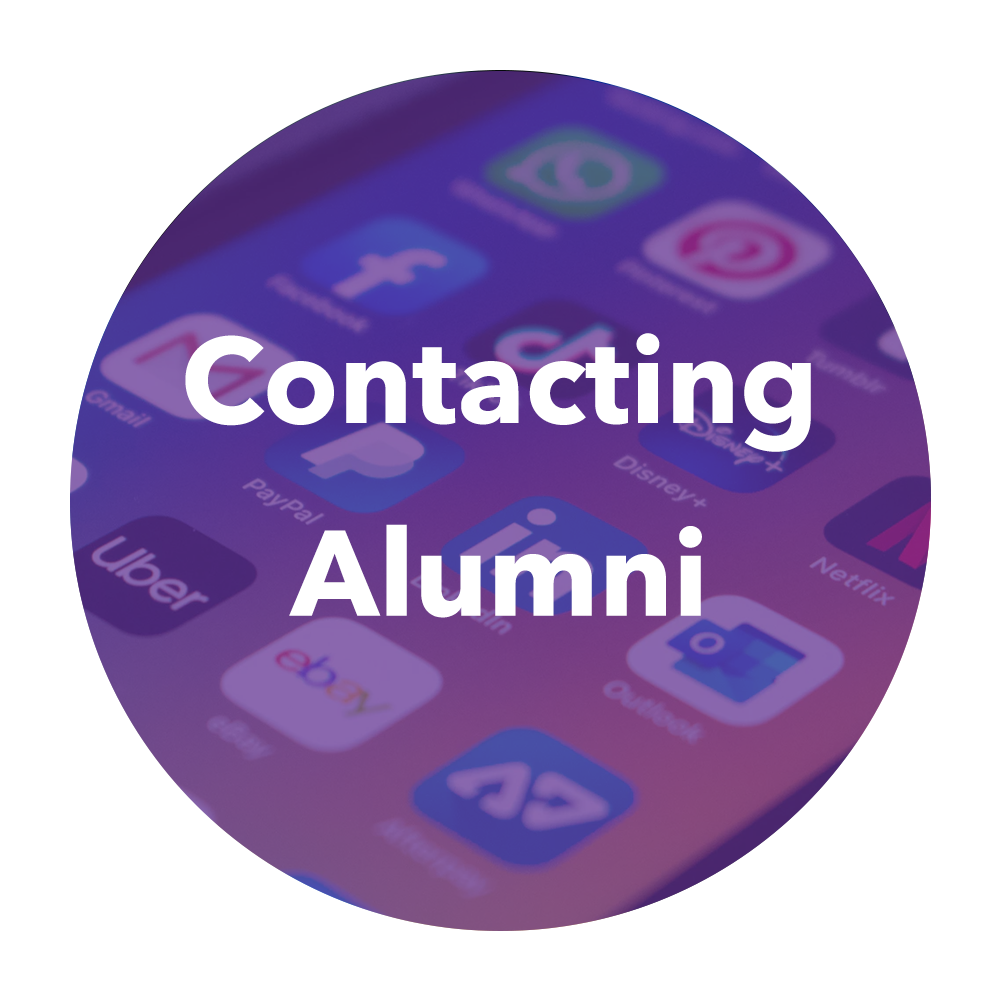 A round logo with the words "Contacting Alumni".