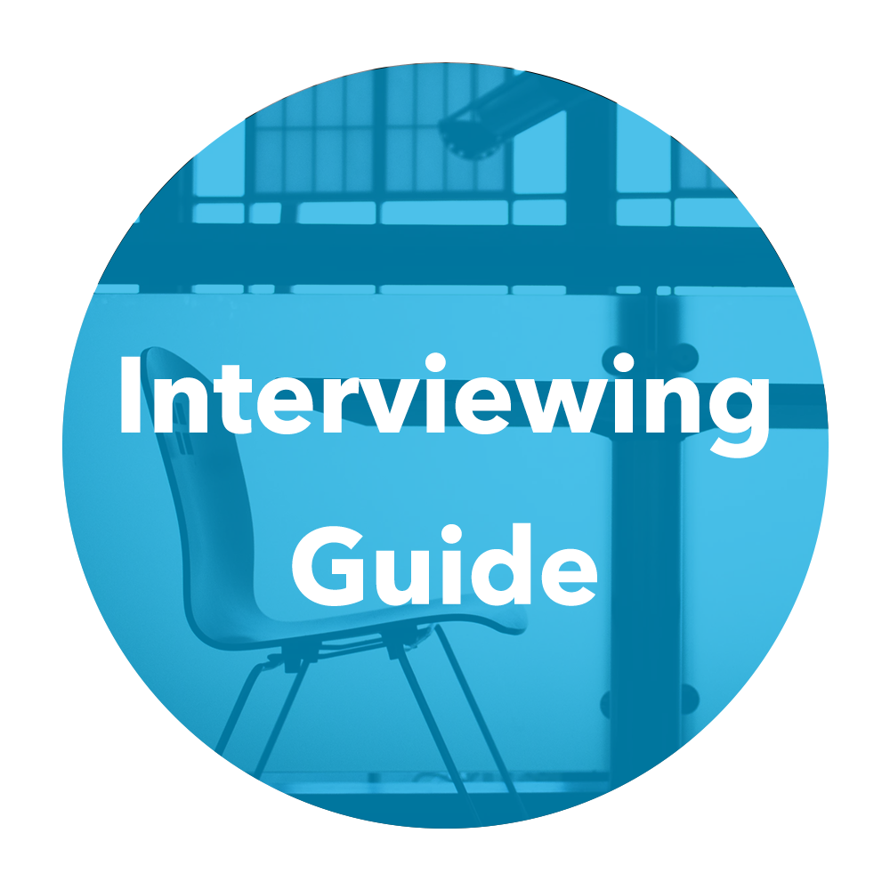 A round logo with the words "Interviewing Guide".