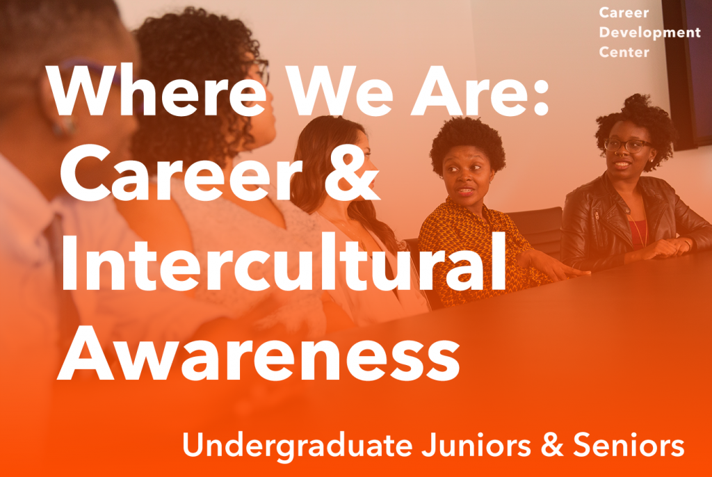 An image of several people seated at a table. Bold text is placed over the image. It reads: "Where We Are: Career & Intercultural Awareness".